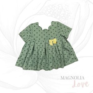 💚 Tahari Green Baby Dress w/ Black Polka Dots Gold Buttons Gold Bow 24M